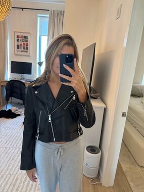 Zara Black Leather Cropped Moto Jacket with Silver Zips